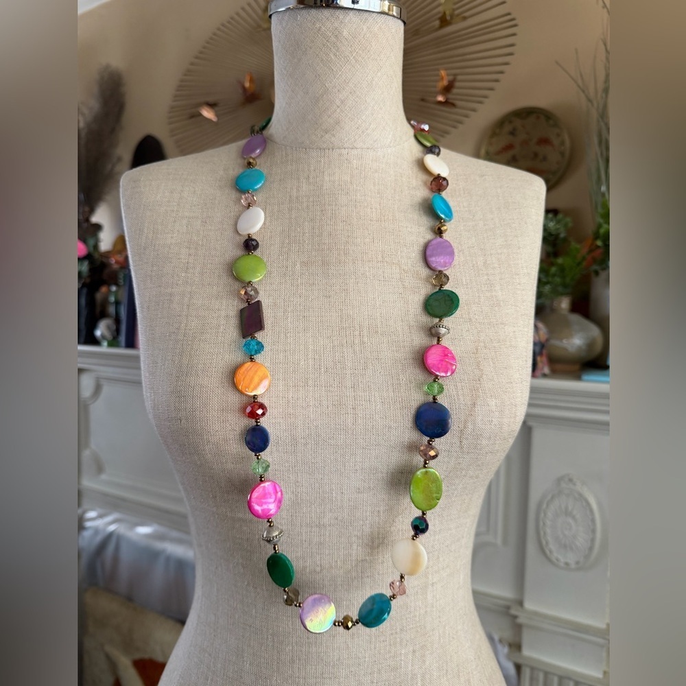 Erica Lyons Retro Rainbow Shell Disc Beaded Long Necklace